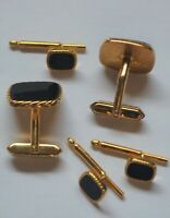 Made in USA Great Condition. Round Flat Onyx Look with Prong Set Rhinestones in Center Gold Tone Mount Kreisler Craft Cufflinks