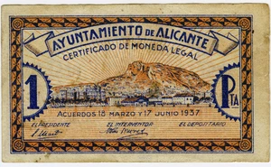 ☆ SPAIN CIVIL WAR 1937 • ALICANTE 1 PTA MUNICIPAL ☆ GUERRA CIVIL ESPAÑOLA☆ C9816 - Picture 1 of 2