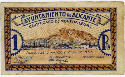 ☆ SPAIN CIVIL WAR 1937 • ALICANTE 1 PTA MUNICIPAL ☆ GUERRA CIVIL ESPAÑOLA☆ C9816 - Image 1 of 2