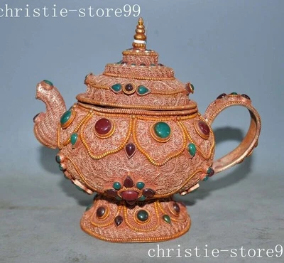 Templo do budismo tibetano 7" prata filigrana dourada incrustada vaso de pedras preciosas estátua Flagon - Imagem 1 de 4