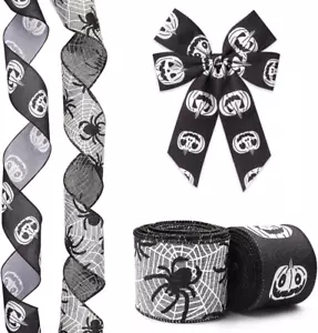 2 Rolls Halloween Ribbon for Wreath Bows Wrapping Gifts, Black White Pumpkin Rib - Picture 1 of 6
