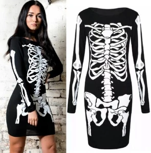 Women's Halloween Skeleton Costume Ladies Skull Bones Print Bodycon Tunic Dress - Picture 1 of 4
