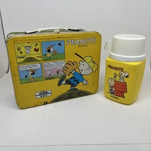 VTG Peanuts Metal Lunch Box Thermos King-Seeley Snoopy Charlie Brown W/ Thermos - Picture 1 of 21