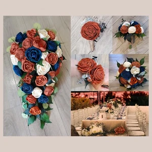 Burnt Orange Navy Braut Kaskade Blumenstrauß Herbst Blau Sola Holz Hochzeit Blumen - Bild 1 von 5