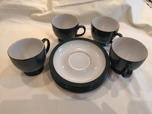 4 x Denby Greenwich Green, Footed, Teacups Tea Cups and Saucers - Picture 1 of 4