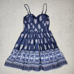 Band of Gypsies Fit Flare Bustier Mini Dress Blue Smocked Back Paisley S pockets - Picture 1 of 13