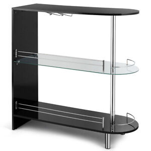 Bar Table Gloss Black Pub Cocktail Table with Tempered Glass Shelf & Wine Holder