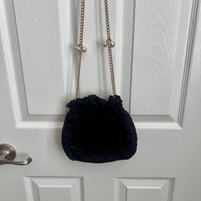 Black Quilted Drawstring Bag Gold Chain Pearl Embellished Evening Clutch - Image 1 of 4