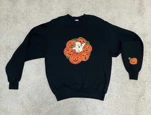 Halloween Sweatshirt M Black Embroidered Ghost Jack-o-Lantern Vintage Pls Read - Picture 1 of 8