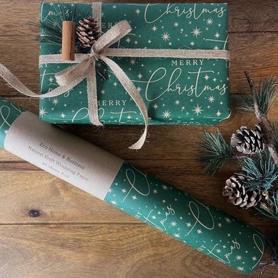 Christmas Wrapping Paper Green & Kraft Merry Xmas KRAFT Eco Gift Wrap Sheet Roll - Image 1 of 2