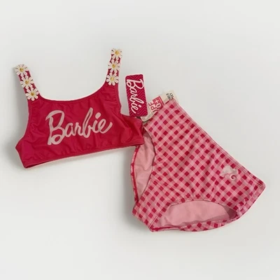 Barbie Bikini Swimsuit Girls 10-12 Two-Piece Set Pink White Logo Graphic UPF NEW - Image 1 of 4