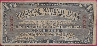 PHILIPPINES (GUERRILLA) 1 PESO 1941 CEBU,PHILIPPINE NATIONAL BANK CEBU BRANCH,Bl - Image 1 of 2