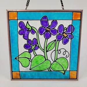 Vtg Stained Glass Window Suncatcher Purple Iris Floral Hanging Art Japan 8x8" - Picture 1 of 11