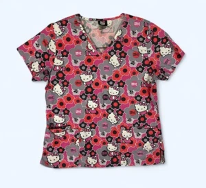 Hello Kitty Pink Flowers Scrubs Top with Pockets Women Size MEDIUM - Picture 1 of 4