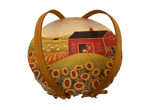 Vintage Farm Scene 12" Lidded Twin Handle Lined Pie Picnic Basket Cover
