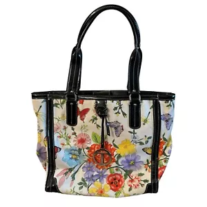 Talbots Floral Canvas Tote Shoulder Bag Black Patent Trim Butterflies Colorful - Picture 1 of 10