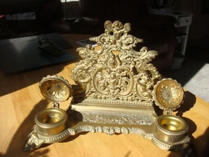 Vintage Cast Metal Brass Ornate Cherub Letter Holder and Double Inkwell withcups - Picture 1 of 9