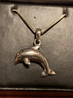 NEW Polished 3D Dolphin Necklace Pendant 925 Sterling Silver 18” Chain Gift Box! - Image 1 of 4