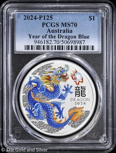 2024-P125 $1 Australia 1 oz Silver Year of the Dragon Blue PCGS MS 70 - Picture 1 of 4