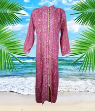 Women's Printed Button Down Duster, Maxi Caftan, Long Dress, Purple Bohemian