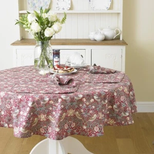 William Morris Red Strawberry Thief 147cm Round Floral Cotton Tablecloth - Picture 1 of 4