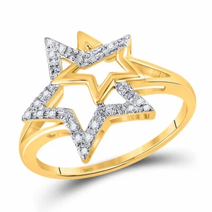 10k Yellow Gold Womens Round Diamond Double Star Outline Ring 1/10 Cttw - Picture 1 of 1