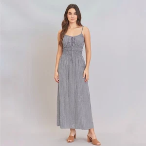 Maxi Vestido Abercrombie & Fitch Calado Corbata Frontal Negro/Blanco Gingham Talla Grande - Imagen 1 de 16