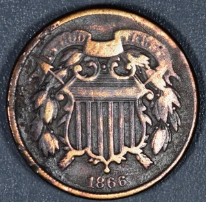 1866 2C TWO CENT PIECE BRONZE COIN KM# 94 Grade: VG A5365 - Picture 1 of 2