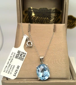 COLLANA CIONDOLO SOLITARIO TOPAZIO BLU CIELO REALE NATURALE 5CTTW - SS/ 14K PL/925 - $429 - Foto 1 di 10