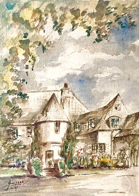 Casa Bing Crosby Hillsborough Acuarela Arquitectura Bienes Raíces Casa Arte Años 50 Foto 1 de 4