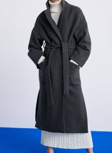 Zara grey belted wool blend coat worn once **LARGE ** | eBay