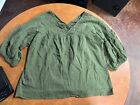 Women's Size L Short Sleeve V-neck Solid Green Cotton Casual Blouse Top #246/1