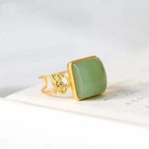 Green Jade Ruyi Rings Women Luxury Jewelry Natural 925 Silver Adjustable Ring - Picture 1 of 4