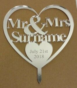 Personalized Name Reflective Silver Acrylic Cut Out Heart Cake Topper Wedding