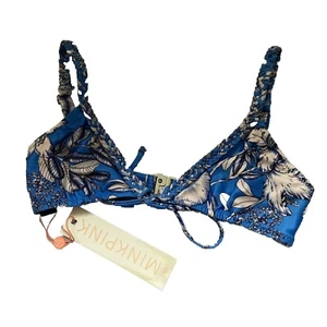 Minkpink XS Blue Floral Plait Strap Bikini Top BNWT Tie Front Adjustable - Picture 1 of 11