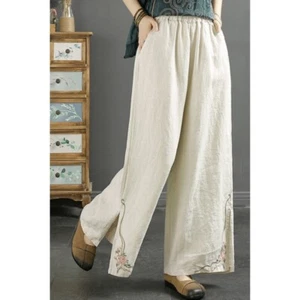 Retro Art Embroidery Wide Leg Pants for Womens Summer Loose Slit Casual Pants - Picture 1 of 15
