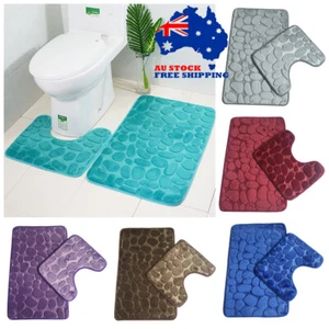 2Pcs Bath Mat Flannel Cobblestone Toilet Bathroom Floor Absorbent Non Slip Rug - Picture 1 of 18