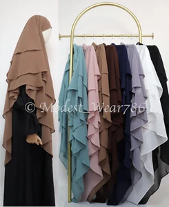 3 Layer Diamond Khimar Instant Hijab Slip on Overhead Tie Back Chiffon 10 Colors - Picture 1 of 49