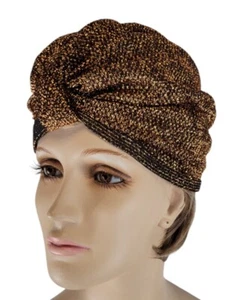 Vtg 60s Copper Gold Black Metallic Lame Ladies Cloche Gathered Fabric Turban Hat - Picture 1 of 19