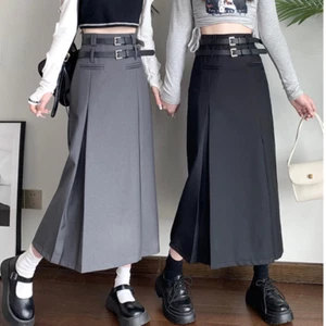 Women Girl Skirt Punk Bodycon High Waist Belt Midi Gothic A-line Pleated - Picture 1 of 13