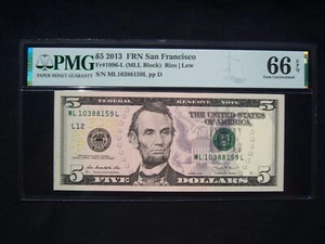 $5 Federal Reserve Note Series 2013 FR1996-L San Francisco MLL Block - Picture 1 of 2