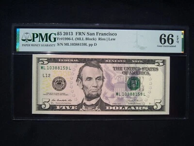 $5 Federal Reserve Note Series 2013 FR1996-L San Francisco MLL Block - Image 1 of 2