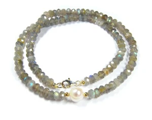 Halskette Edelstein Labradorit facettierte Radform mit Süßwasserperle - Bild 1 von 3