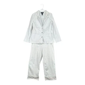 Denim & Co M Medium White Cotton Stretch Jacket Pant Set Boho Embroidered Floral - Picture 1 of 16