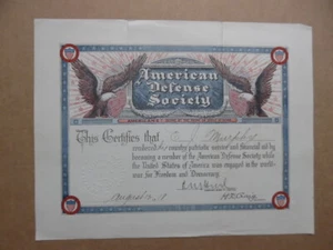 Certificado de miembro de la Sociedad Americana de Defensa 1918 Americanismo Nacionalista ADS WWI - Imagen 1 de 4