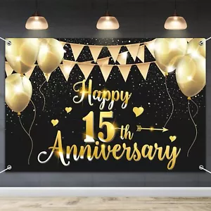 Happy 15th Anniversary Banner Backdrop 6x4ft Black Gold Wedding Decorations - Picture 1 of 7