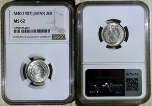 Japan 1907 Meiji Year Yr 40 Silver 20 Sen Sunburst Coin NGC MS 62 Y# 30 - Picture 1 of 1
