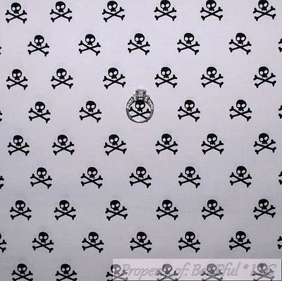 BonEful Fabric FQ Cotton Quilt White Black B&W Little Zombie Skeleton Skull Bone - Image 1 of 4