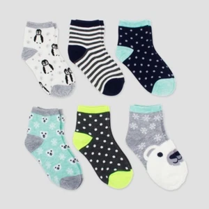 Cat & Jack Girls' 6 Pack Low Cut Penguins/Bears Print Socks Shoe Size 9 to 2 1/2 - Picture 1 of 1