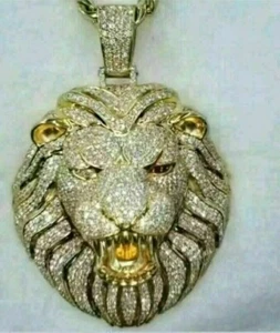 Solid 14K Yellow Gold Over 4 ct Round Cut Diamond Extra Large Lion Head Pendant - Picture 1 of 6